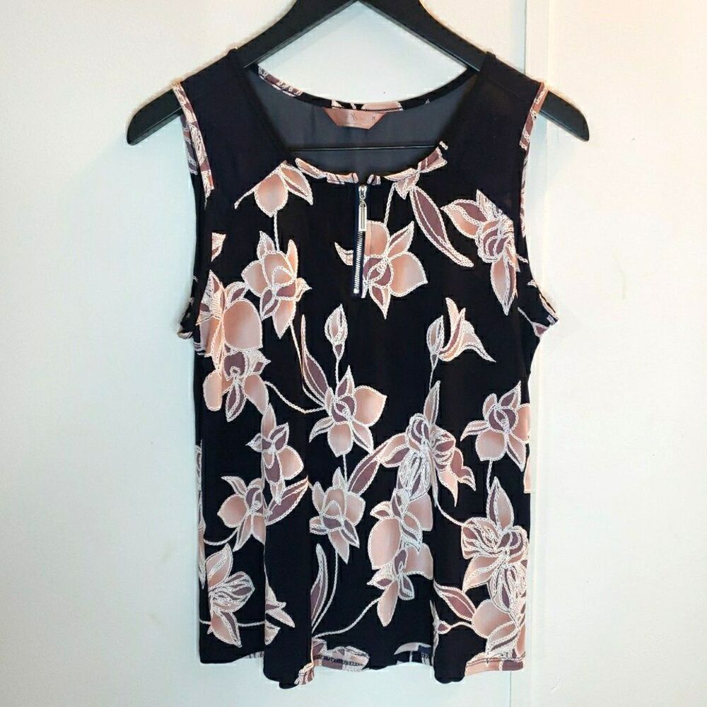 SJS Navy Peach Floral Zipper Neck Sleeveless Flowy Blouse Feminine Women's M